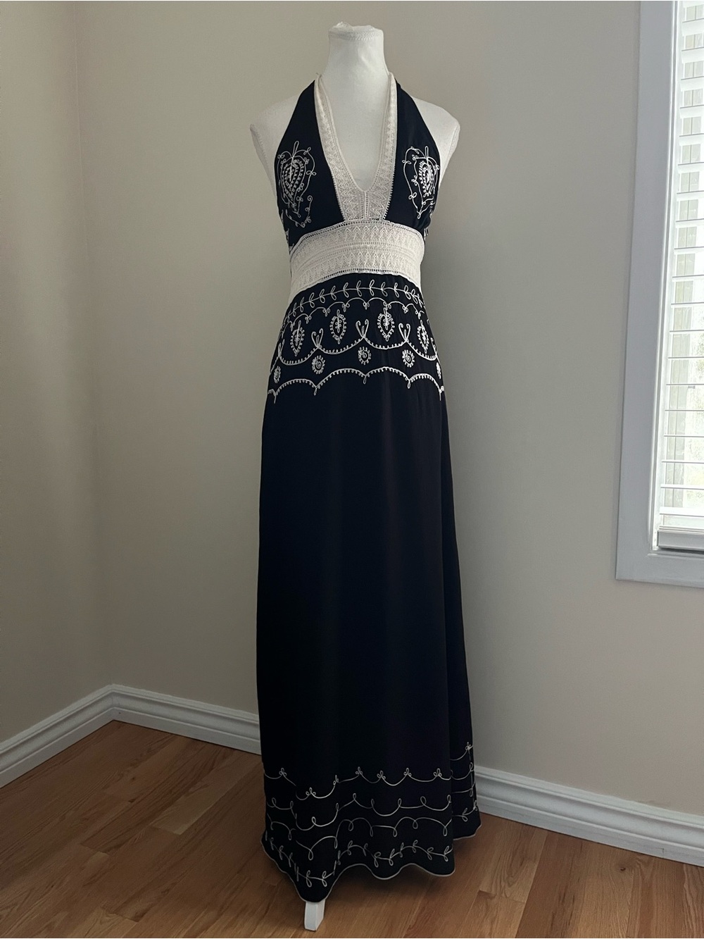 VENUS Black Halter Maxi Dress with White Embroidery